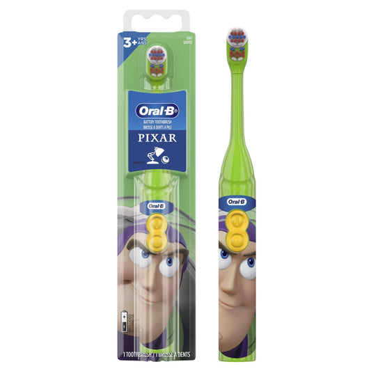Oral-B battery-powered soft toothbrush featuring Toy Story design for children aged 3 and up, with colorful character graphics.