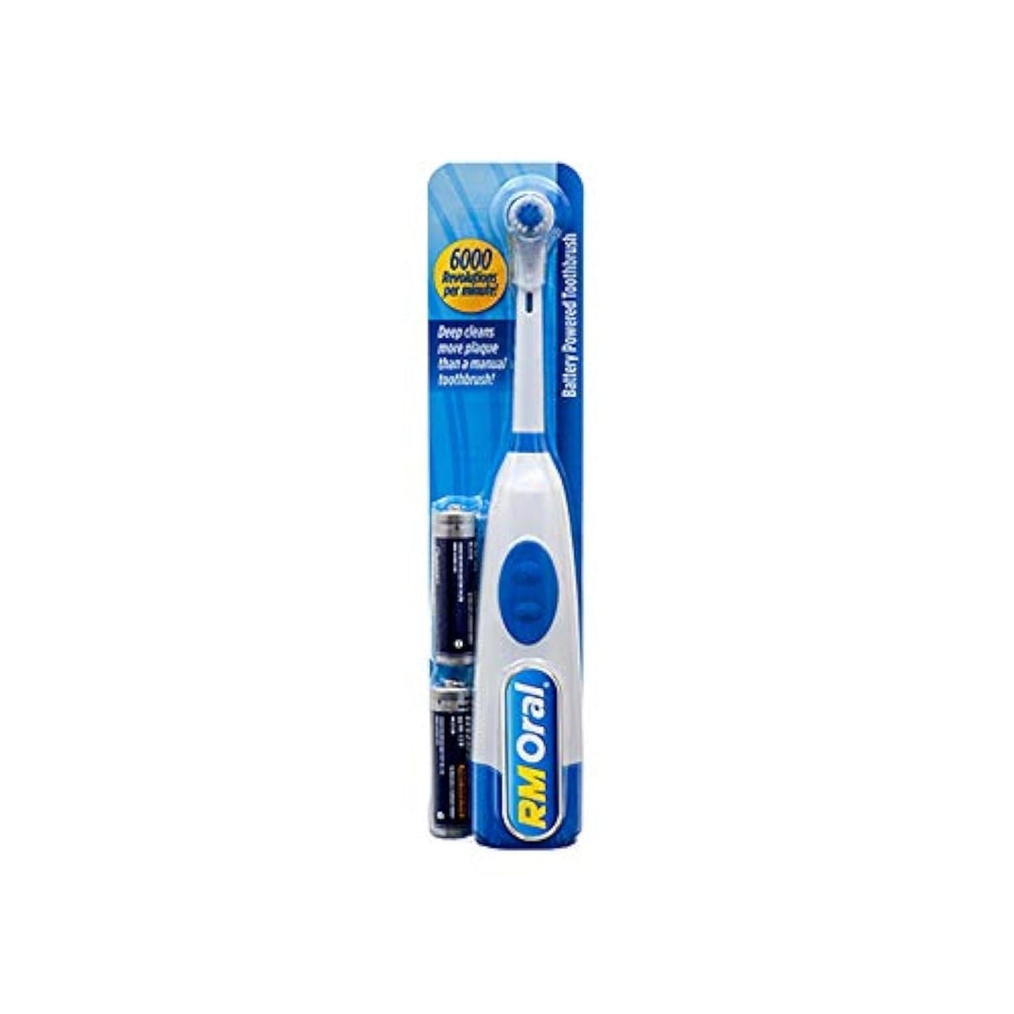 Blue RM Oral REVCare Duo battery-powered soft bristle toothbrush from Pasteur Pharmacy, showing the ergonomic handle and bristles.