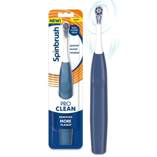 Light blue Spinbrush Pro Whiten battery-powered toothbrush with soft bristles from Pasteur Pharmacy, 1 count.