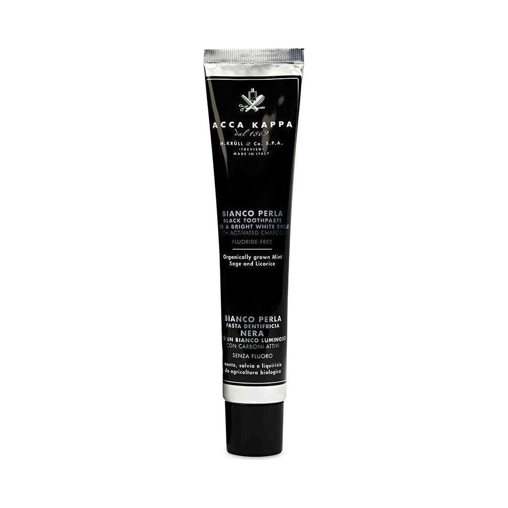 Acca Kappa Blanco Perla Black fluoride-free toothpaste in a 3.4 oz tube, featuring sleek black packaging and whitening properties.