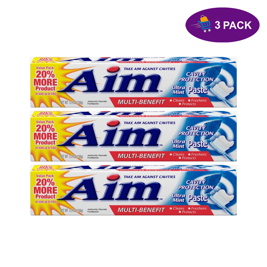 Aim Cavity Protection Anticavity Fluoride Toothpaste by Pasteur Pharmacy, Ultra Mint flavor, 55 oz tube with mint flavor and cavity protection.