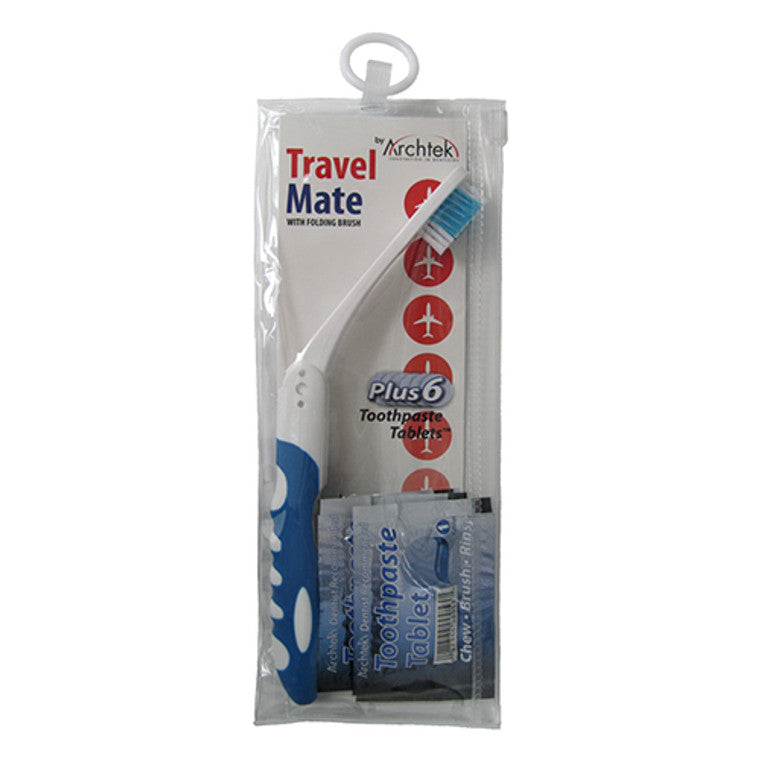 Archtek folding toothbrush and toothpaste tablets from Pasteur Pharmacy, compact travel oral hygiene kit with toothbrush and tablets.