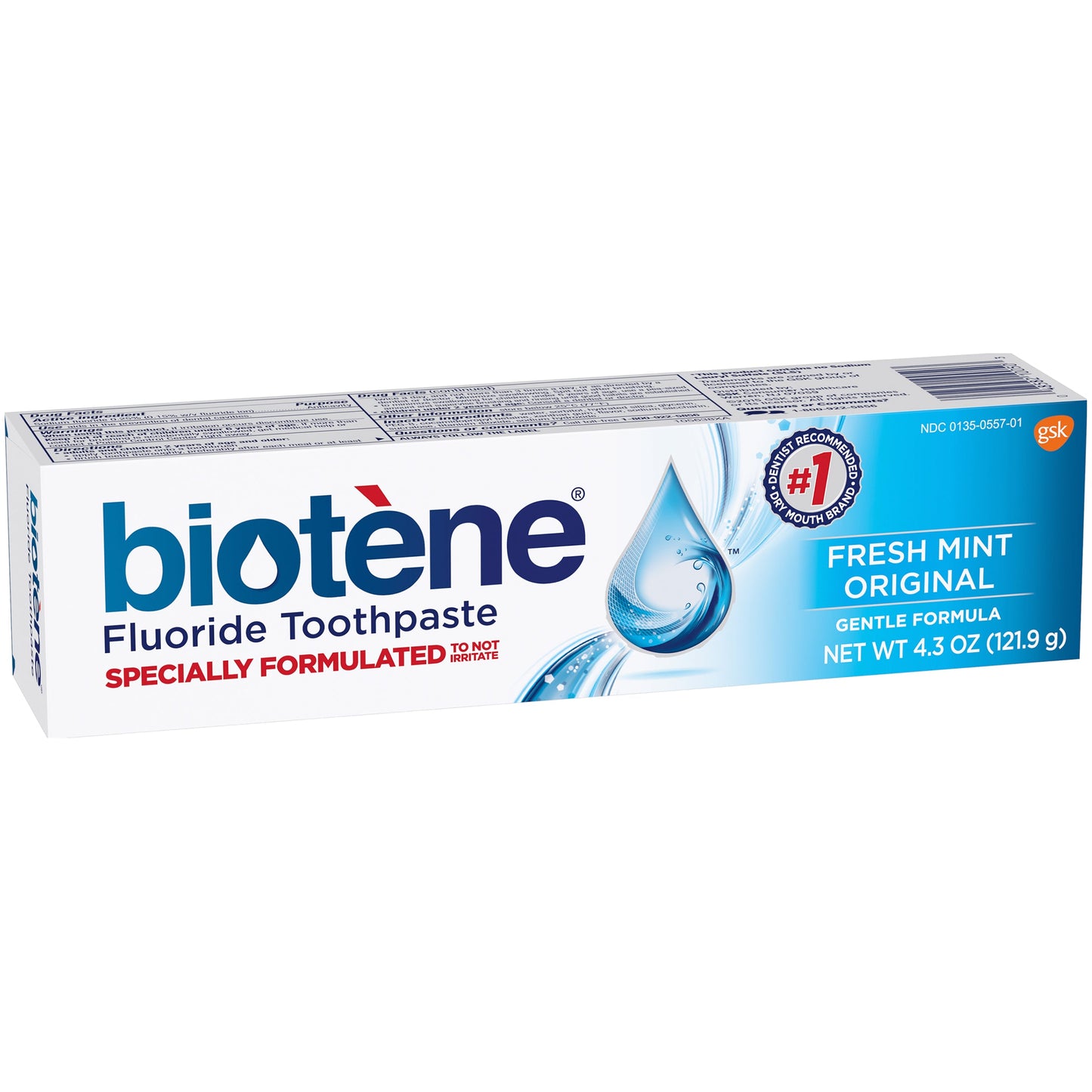Biotene Fresh Mint Original Fluoride Toothpaste by Pasteur Pharmacy, 4.3 oz, showing the toothpaste tube with mint flavor branding