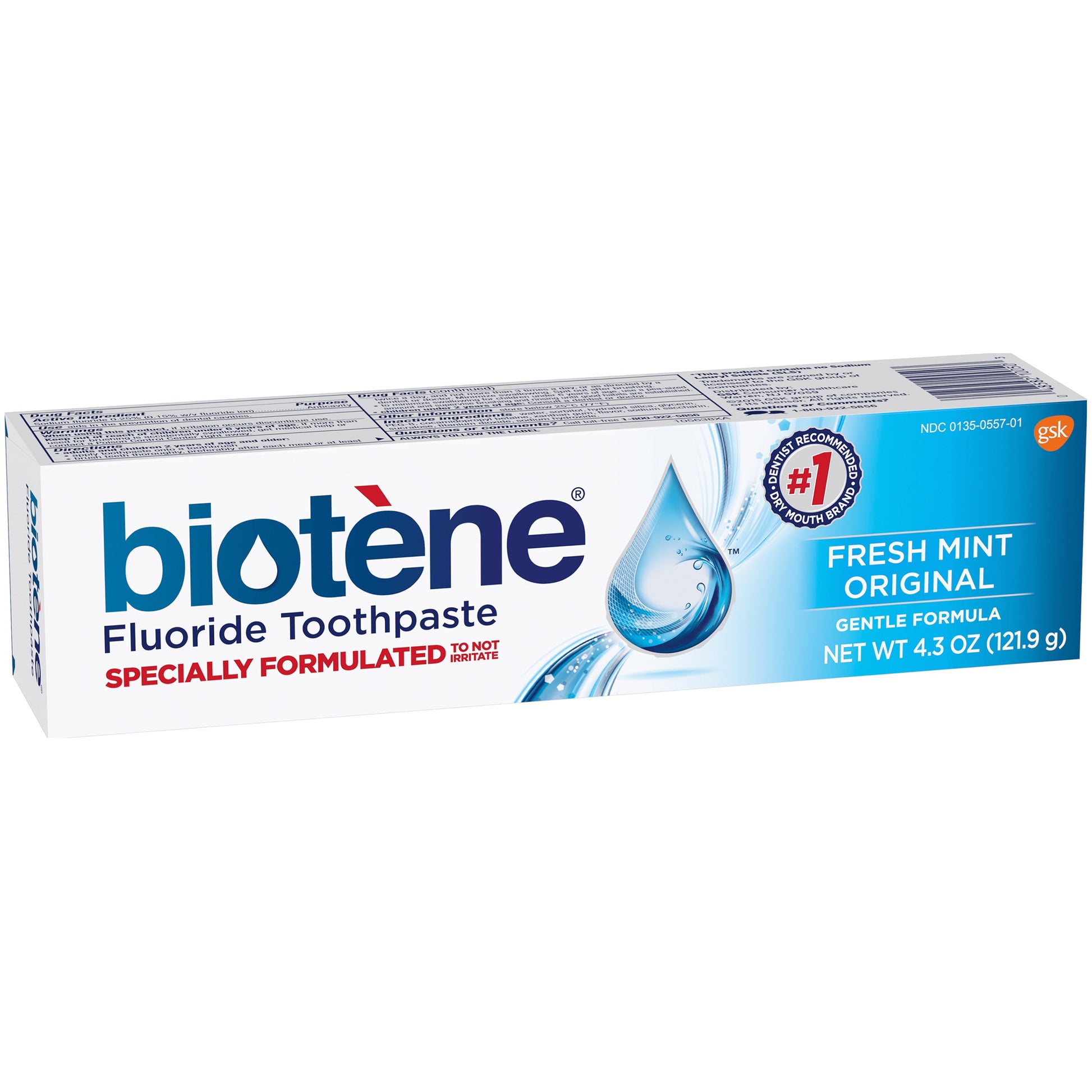 Biotene Fresh Mint Original Fluoride Toothpaste by Pasteur Pharmacy, 4.3 oz, showing the toothpaste tube with mint flavor branding