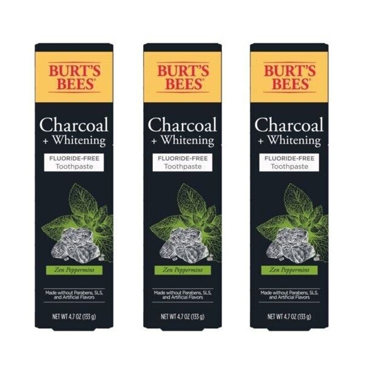 Burt's Bees fluoride-free toothpaste with Zen peppermint, charcoal, and whitening for fresh breath and clean teeth in a 4.7 oz tube.