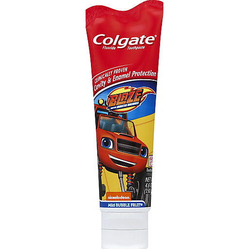 Colgate Blaze fluoride toothpaste with mild bubble fruit flavor, featuring a colorful tube and cap on a white background.