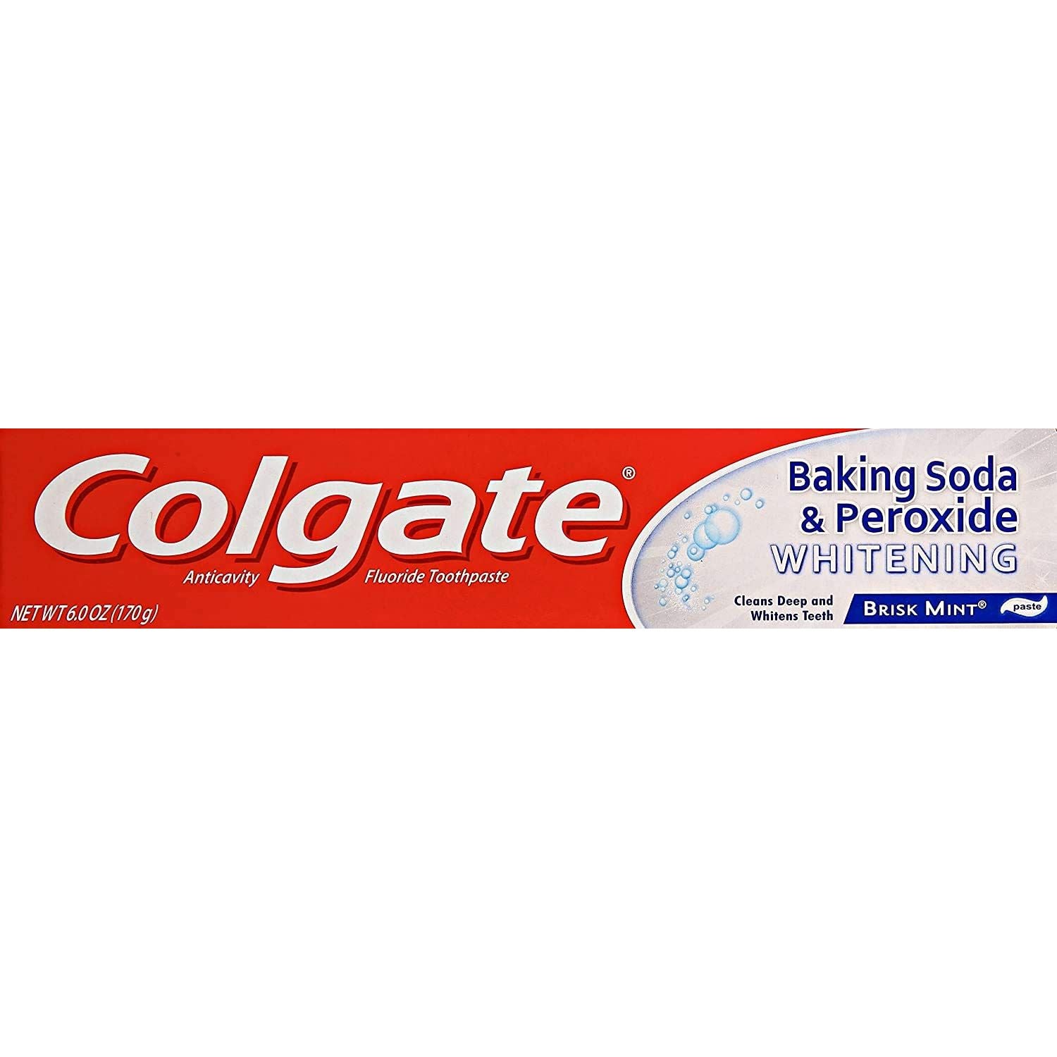 Colgate Brisk Mint Fluoride Toothpaste in a tube, featuring whitening, anticavity, baking soda, and peroxide for fresh breath and dental health.
