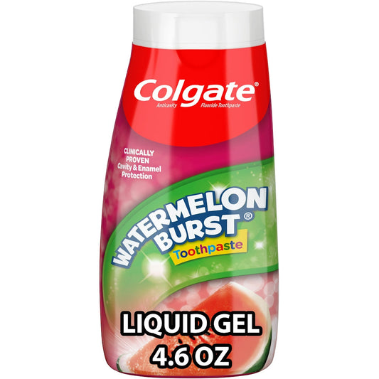 Colgate Kids Fluoride Toothpaste Liquid Gel Watermelon Burst in 4.6 oz tube, suitable for children’s dental care.