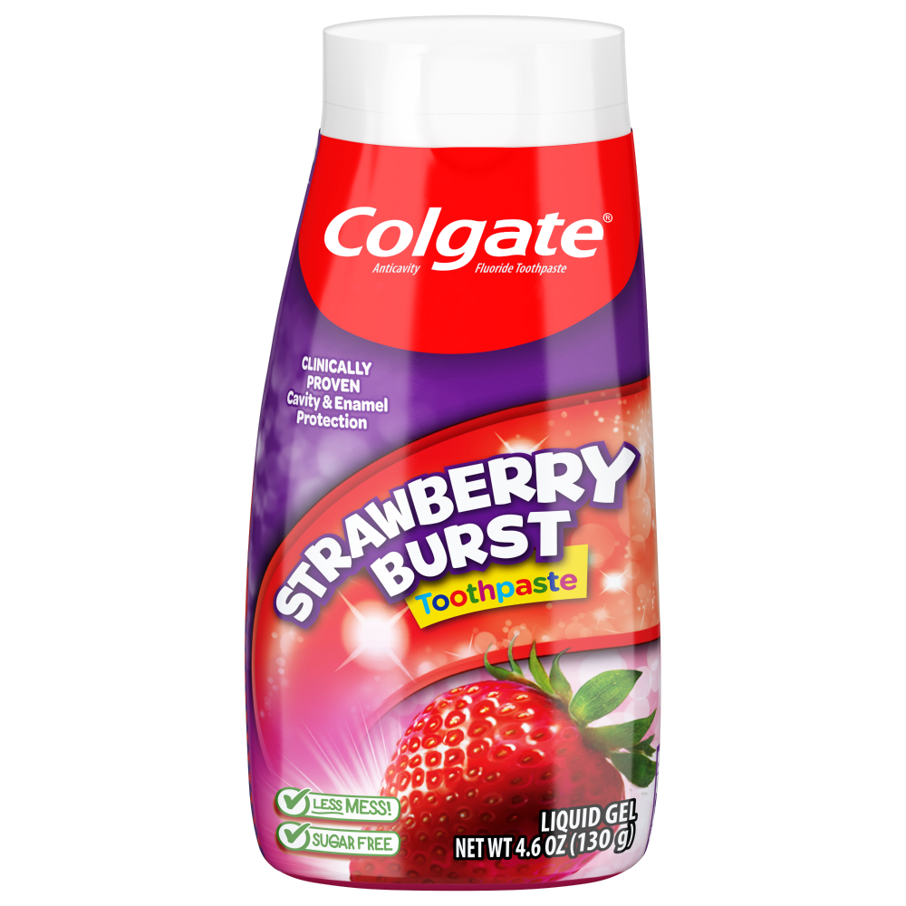Colgate Liquid Gel Toothpaste in Strawberry Burst flavor, featuring vibrant red gel and fresh strawberry scent.