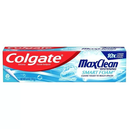 Colgate Max Clean Smart Foam whitening toothpaste in a 6oz tube with effervescent mint flavor featuring bright packaging.
