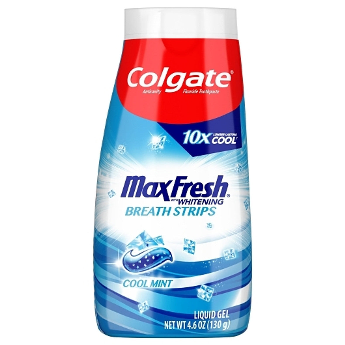 Colgate Max Fresh Cool Mint Liquid Gel Anticavity Fluoride Toothpaste in 4.6 oz tube, designed for fresh breath and cavity protection.