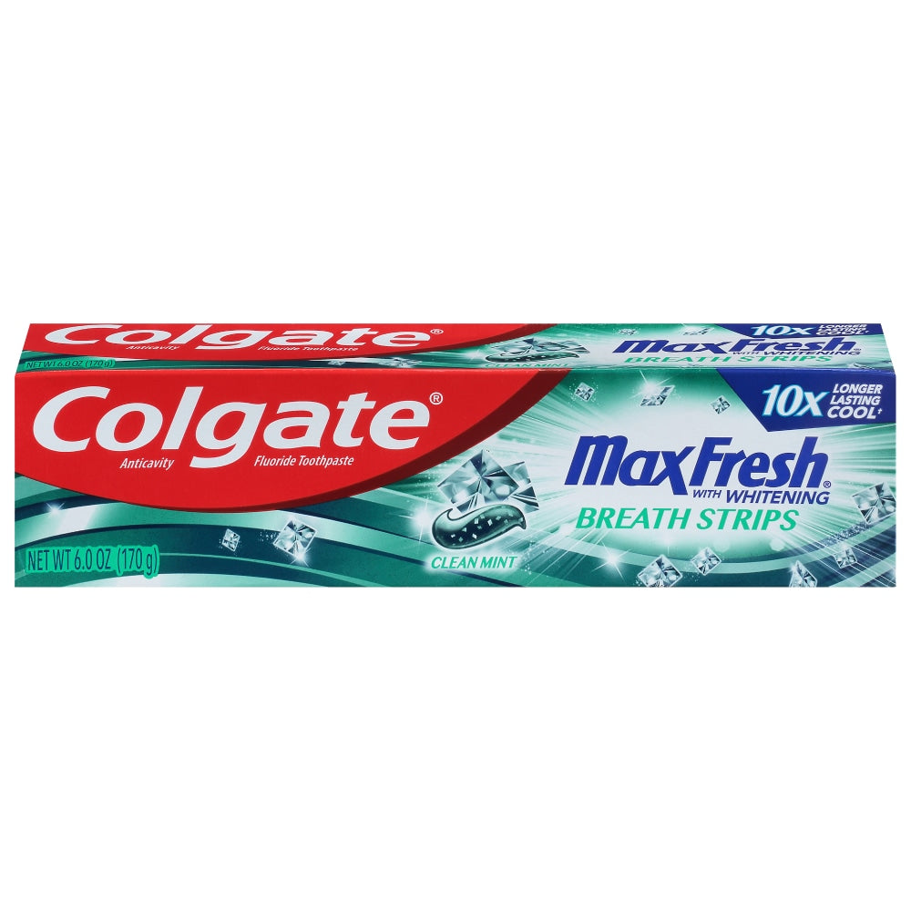 Colgate Max Fresh toothpaste with mini breath strips in clean mint flavor, 6oz tube, designed for fresh breath and oral hygiene.