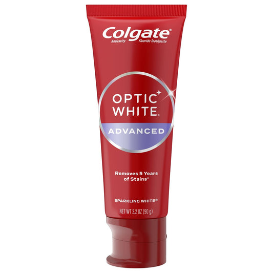 Case of 36 Pasteur Pharmacy Colgate Optic White Advanced Whitening Toothpaste tubes, displayed together on a mixed case.