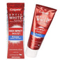Colgate Optic White Platinum whitening toothpaste in 3oz tube, featuring a white and blue packaging design.
