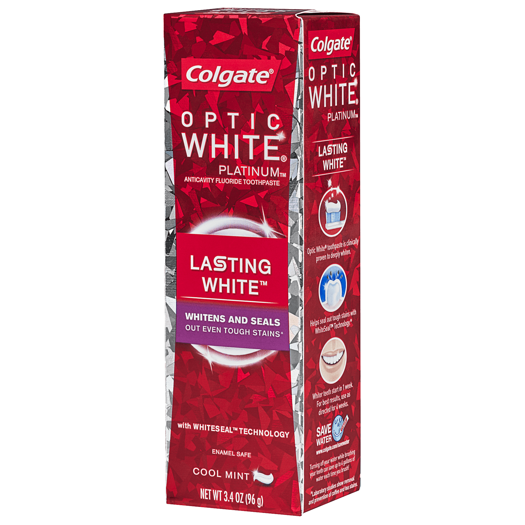 Colgate Optic White Platinum Whiten & Protect toothpaste in 3.3 oz tube, designed for brightening and protecting teeth.