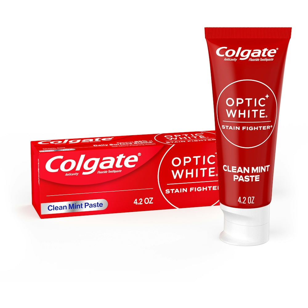 Colgate Optic White stain fighter anticavity fluoride toothpaste in clean mint flavor, 4.2 ounces, displayed in tube.