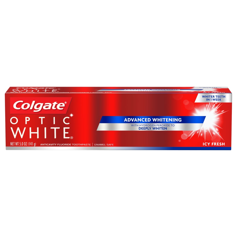 Colgate Optic White toothpaste with anticavity fluoride, Icy Fresh and Cool Fresh Mint flavor, in a tube with a white and blue design.