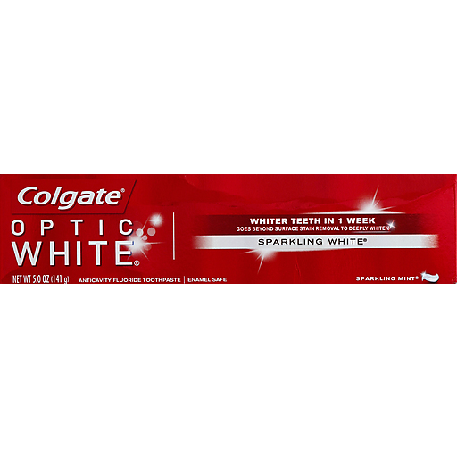 Colgate Optic White Sparkling Mint toothpaste in a tube, designed for brightening teeth and freshening breath.