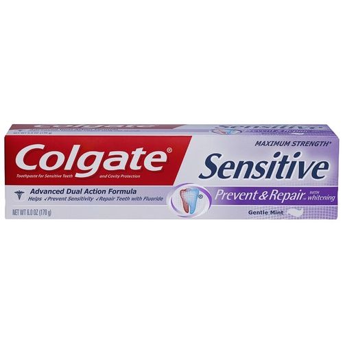 Colgate Sensitive Prevent & Repair toothpaste in 6 oz tube, gentle mint flavor, designed for enamel protection and sensitivity relief.