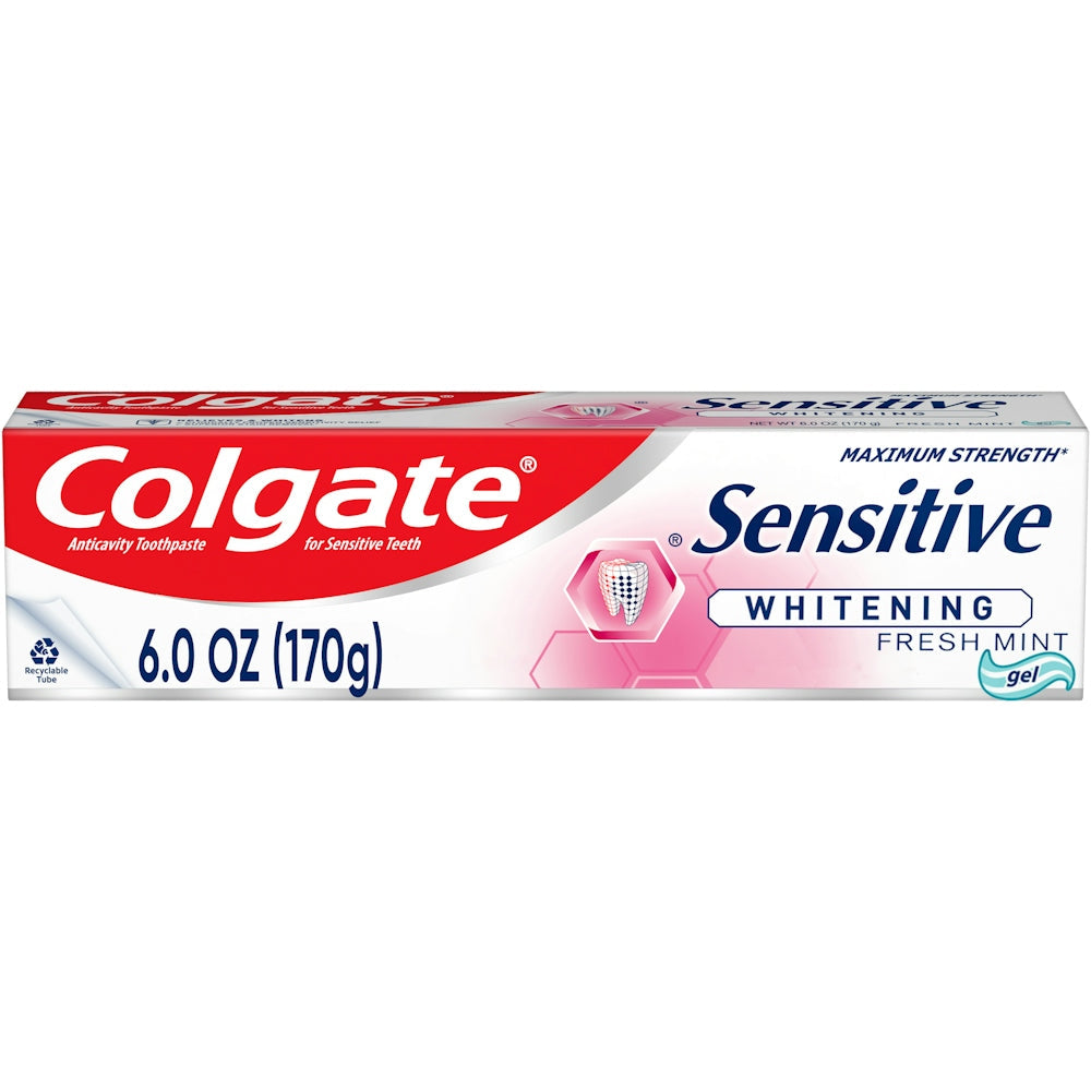 Colgate Sensitive Toothpaste with whitening and fresh mint gel, 6oz tube, designed for sensitive teeth and oral freshness.