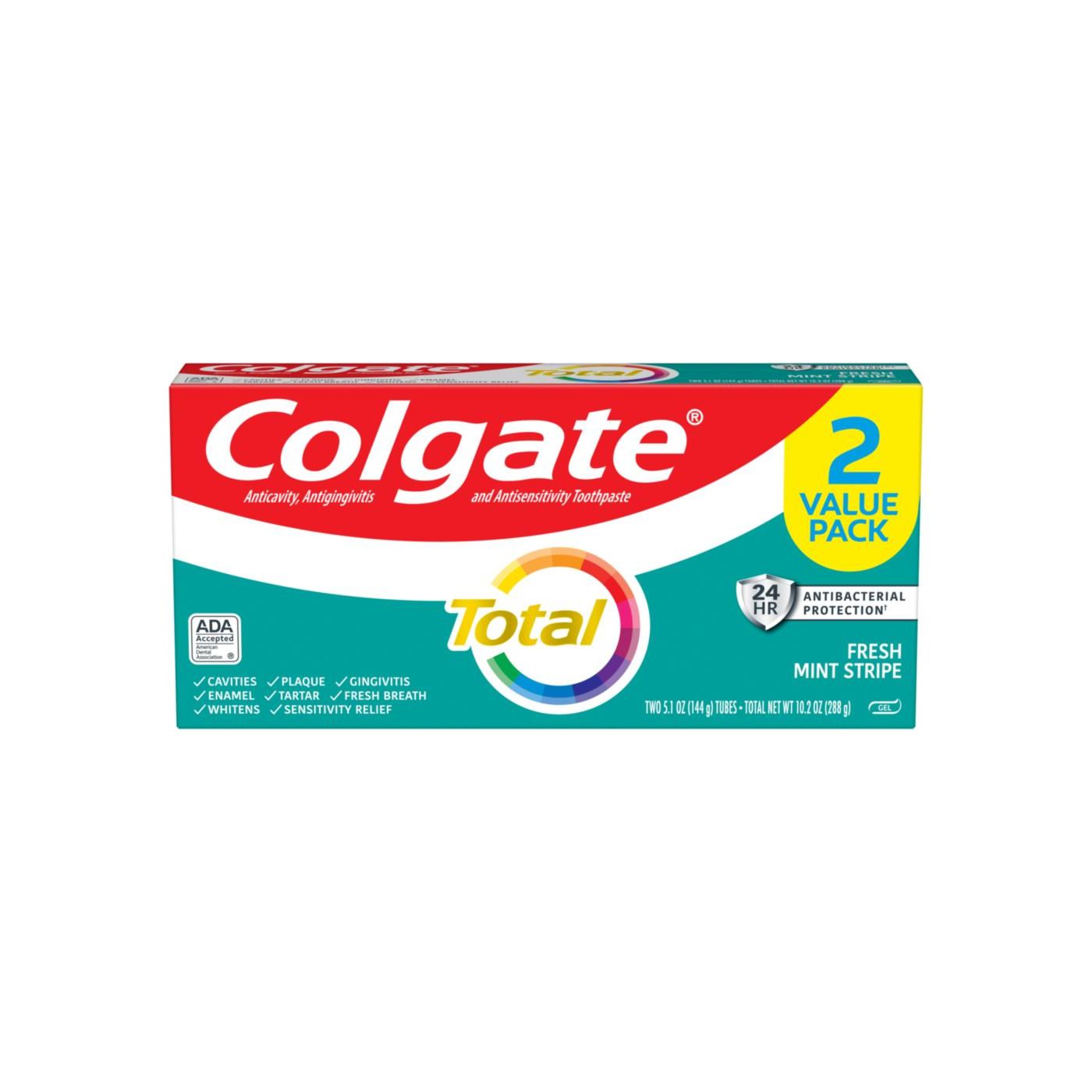 Colgate Fresh Mint Stripe Gel Toothpaste in a 2-pack, shown in a standard tube with blue and white mint stripe design.
