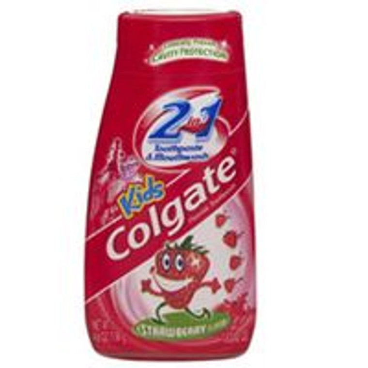 Colgate Strawberry Smash toothpaste tube with bright packaging, featuring strawberry flavor branding and a white toothpaste paste inside.