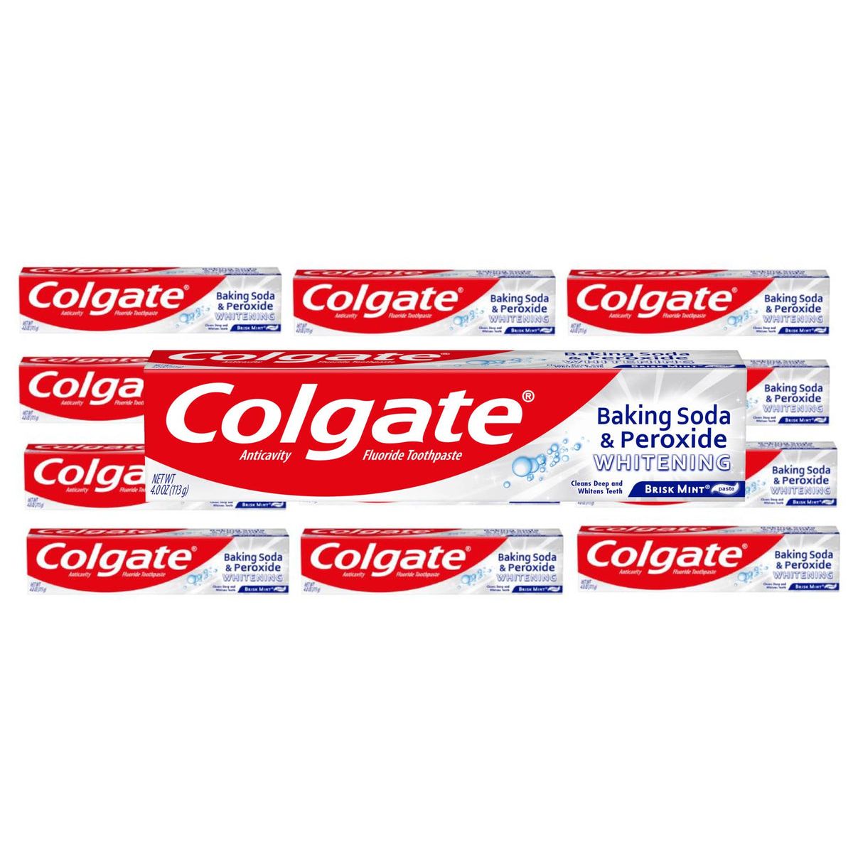 Colgate Whitening Toothpaste with Brisk Mint, Baking Soda & Peroxide in 2 oz tube, displayed on a bathroom counter.