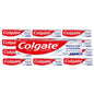 Colgate Whitening Toothpaste with Brisk Mint, Baking Soda & Peroxide in 2 oz tube, displayed on a bathroom counter.