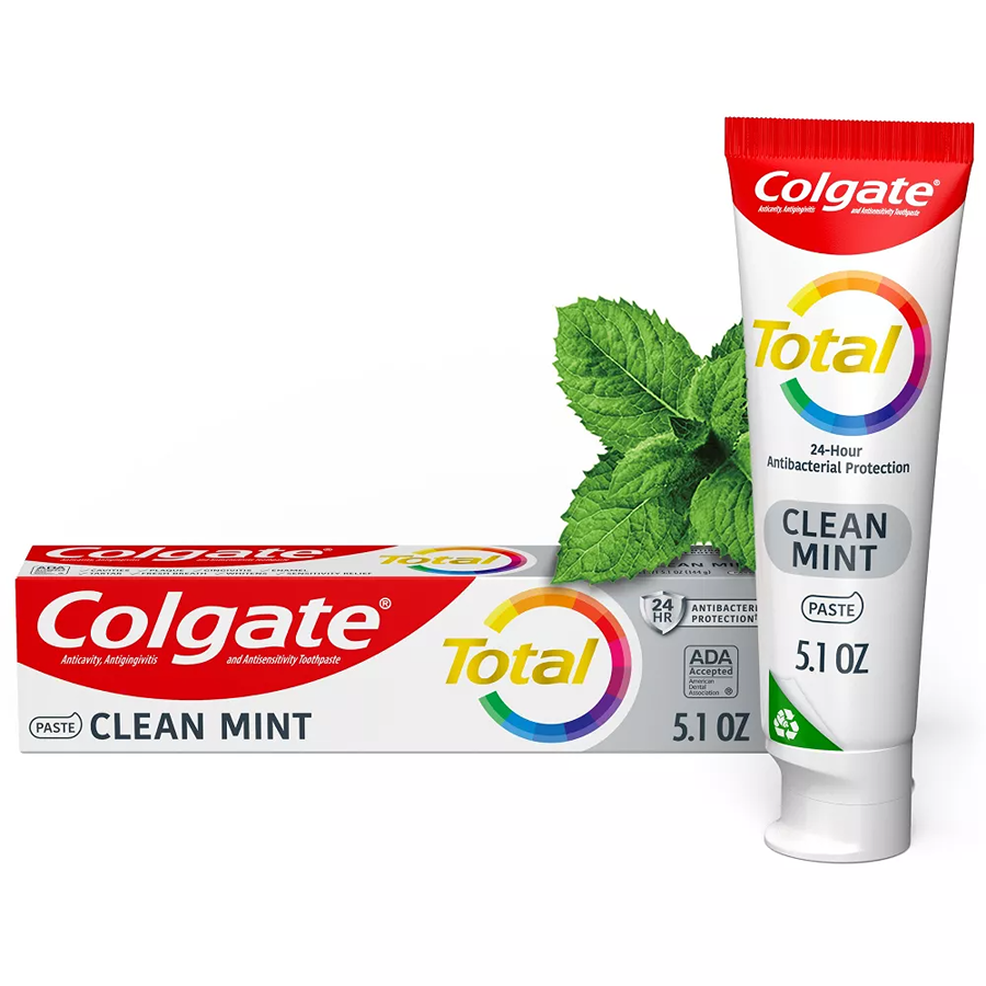 Colgate Total anticavity, antigingivitis, and antisensitivity clean mint toothpaste in a 5.1oz tube, shown with mint flavor branding.