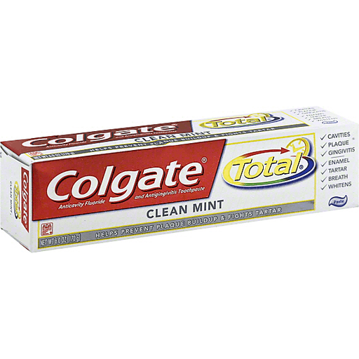 Colgate Total Anticavity Fluoride and Antigingivitis Toothpaste in a white tube with a blue cap, featuring mint flavor branding.