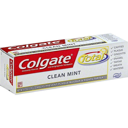 Colgate Total Anticavity Fluoride and Antigingivitis Toothpaste in mint flavor, shown in its packaging with a white and blue tube.