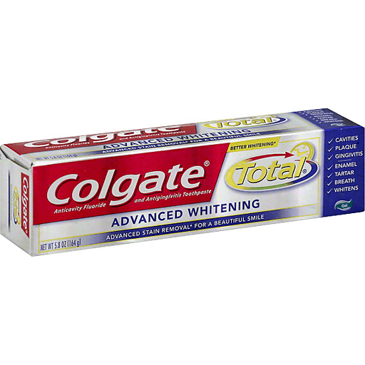 Colgate Total toothpaste tube with anticavity fluoride, antigingivitis, and advanced whitening gel in a white and blue packaging.