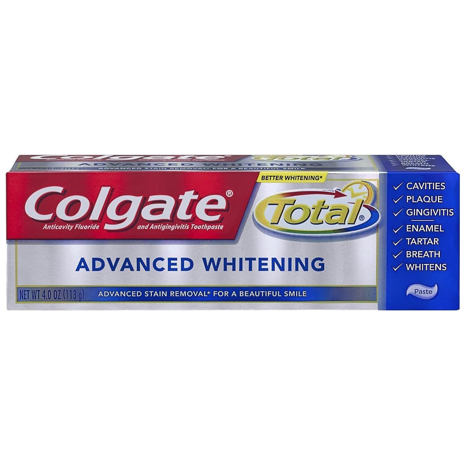 Colgate Total toothpaste featuring anticavity fluoride, antigingivitis, and advanced whitening in a tube displayed on a bathroom counter.