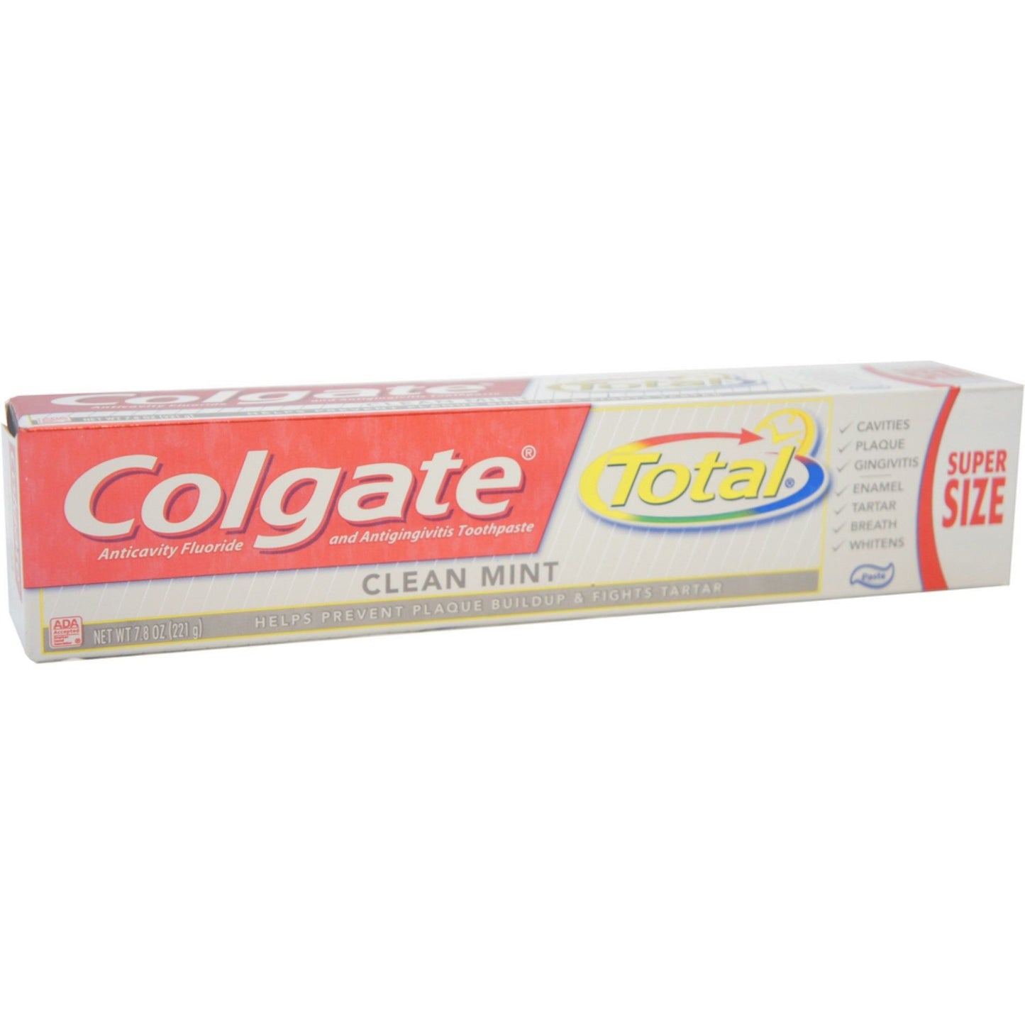Colgate Total toothpaste in a tube with clean mint flavor, designed for anticavity and antigingivitis oral health.