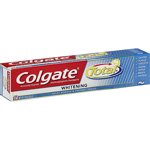 Colgate Total toothpaste in a tube, featuring anticavity fluoride, antigingivitis, and whitening properties, on a white background.