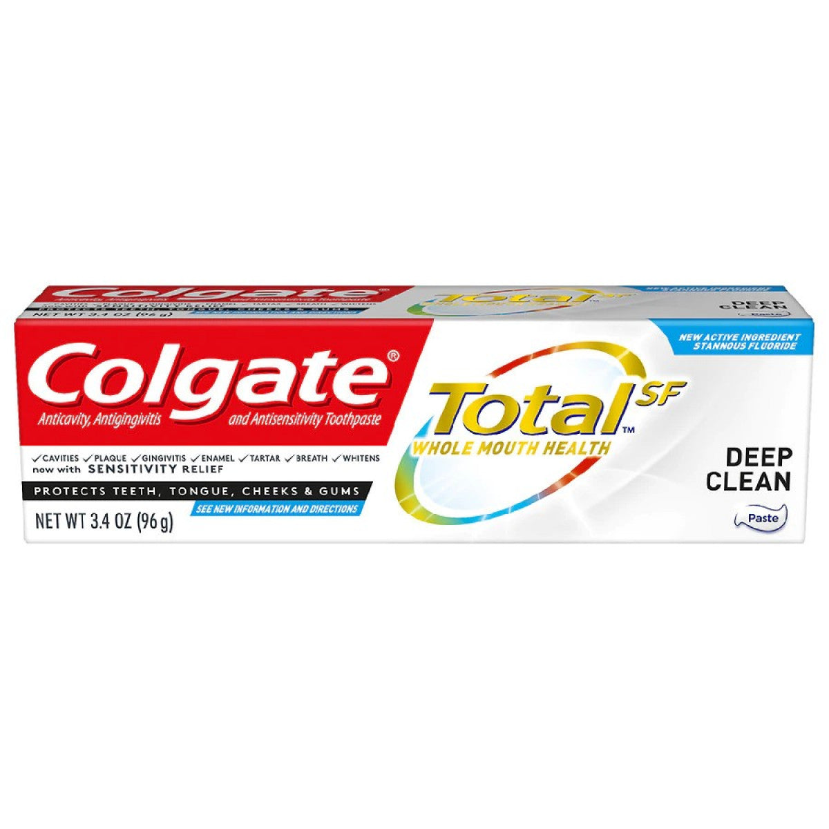 Colgate Total Deep Clean toothpaste in a white tube with blue and red accents, designed for effective oral hygiene.