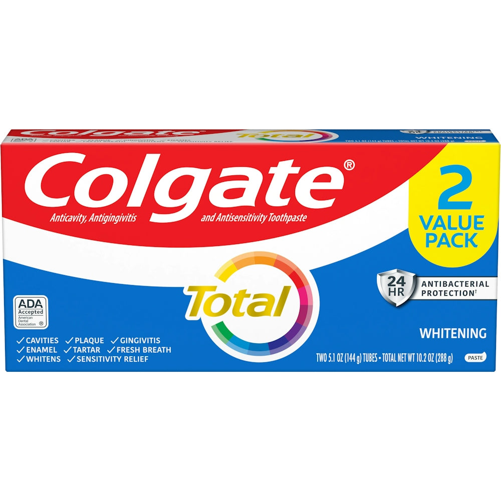 Colgate Total Whitening Toothpaste in a 2-pack, featuring the Pasteur Pharmacy brand, shown in a box with tube packaging.