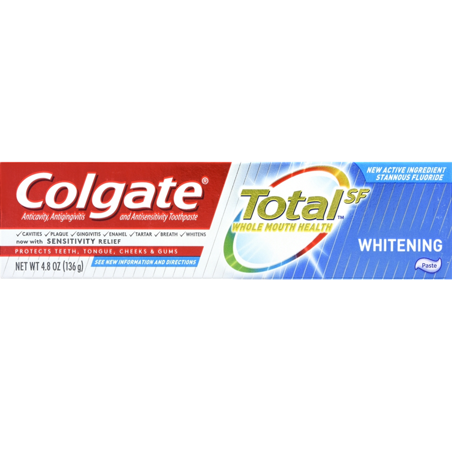 Colgate Total Whitening Paste toothpaste tube with white and blue packaging, showing the product label and brand name.