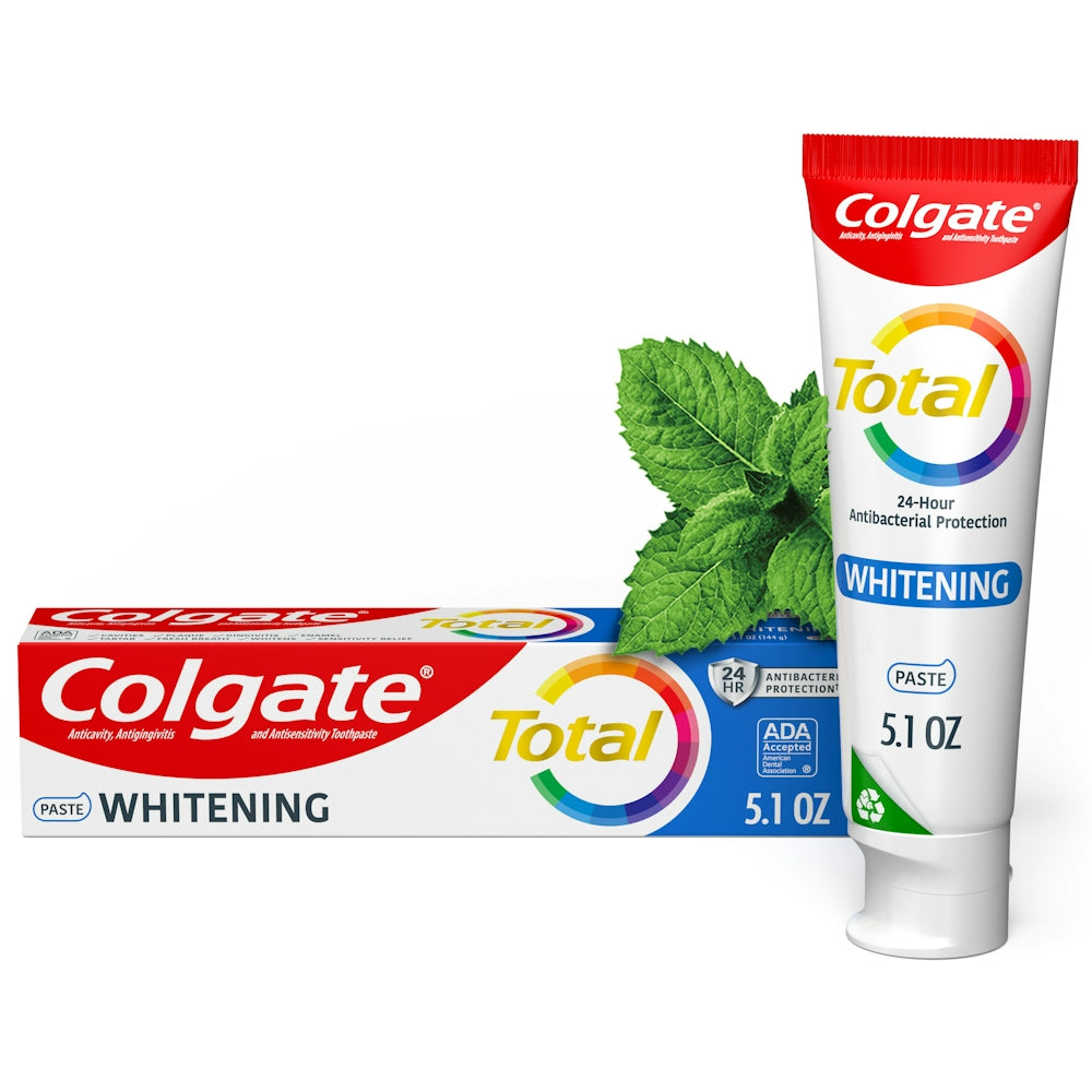 Colgate Total Whitening Toothpaste by Pasteur Pharmacy showing the tube with whitening and bacterial shield features.