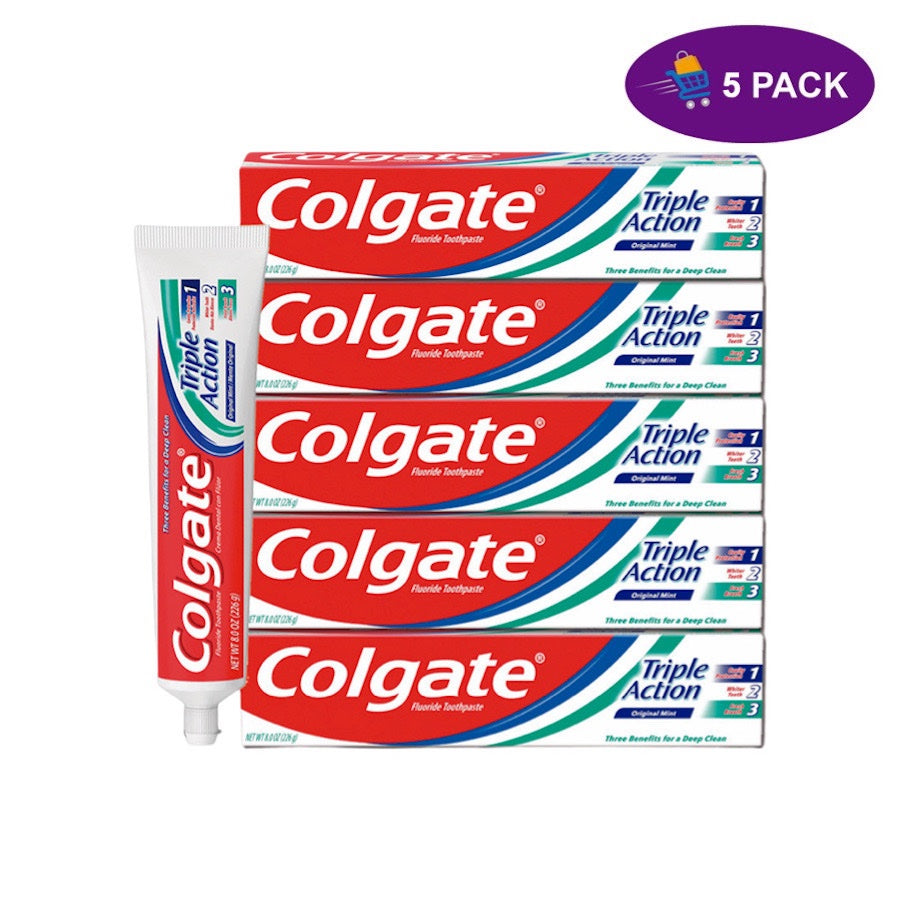 Colgate Triple Action Toothpaste in 8 oz tube showing mint flavor and cavity protection label, designed for whitening and fresh breath.