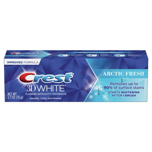 Crest 3D White Advanced Whitening Toothpaste in Arctic Fresh flavor, 2.7 oz tube, with bright packaging and brand logo visible