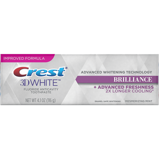 Crest 3D White Brilliance Advanced Whitening Mint Toothpaste in 4.1 oz tube, designed for brightening and freshening breath
