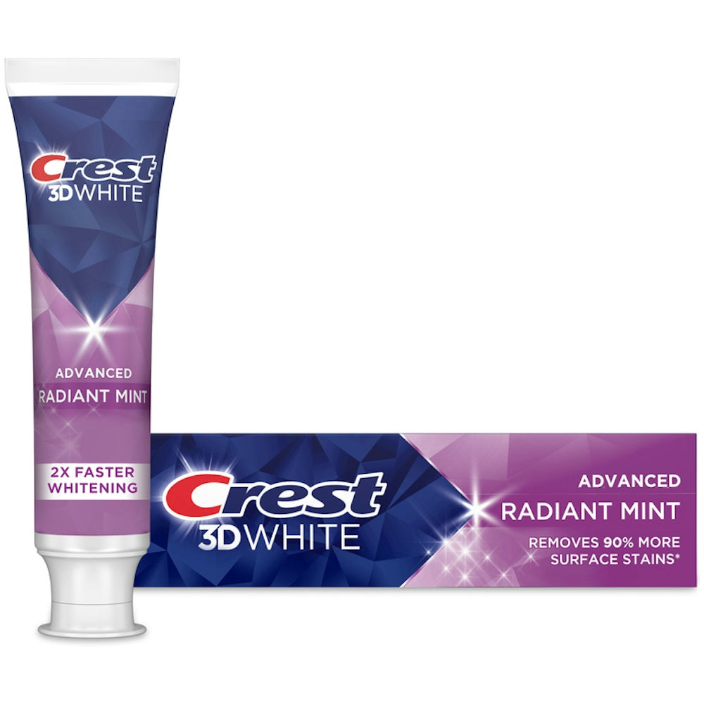 Crest 3D White Radiant Mint Teeth Whitening Toothpaste travel size 0.85 oz in a tube with a white and blue label