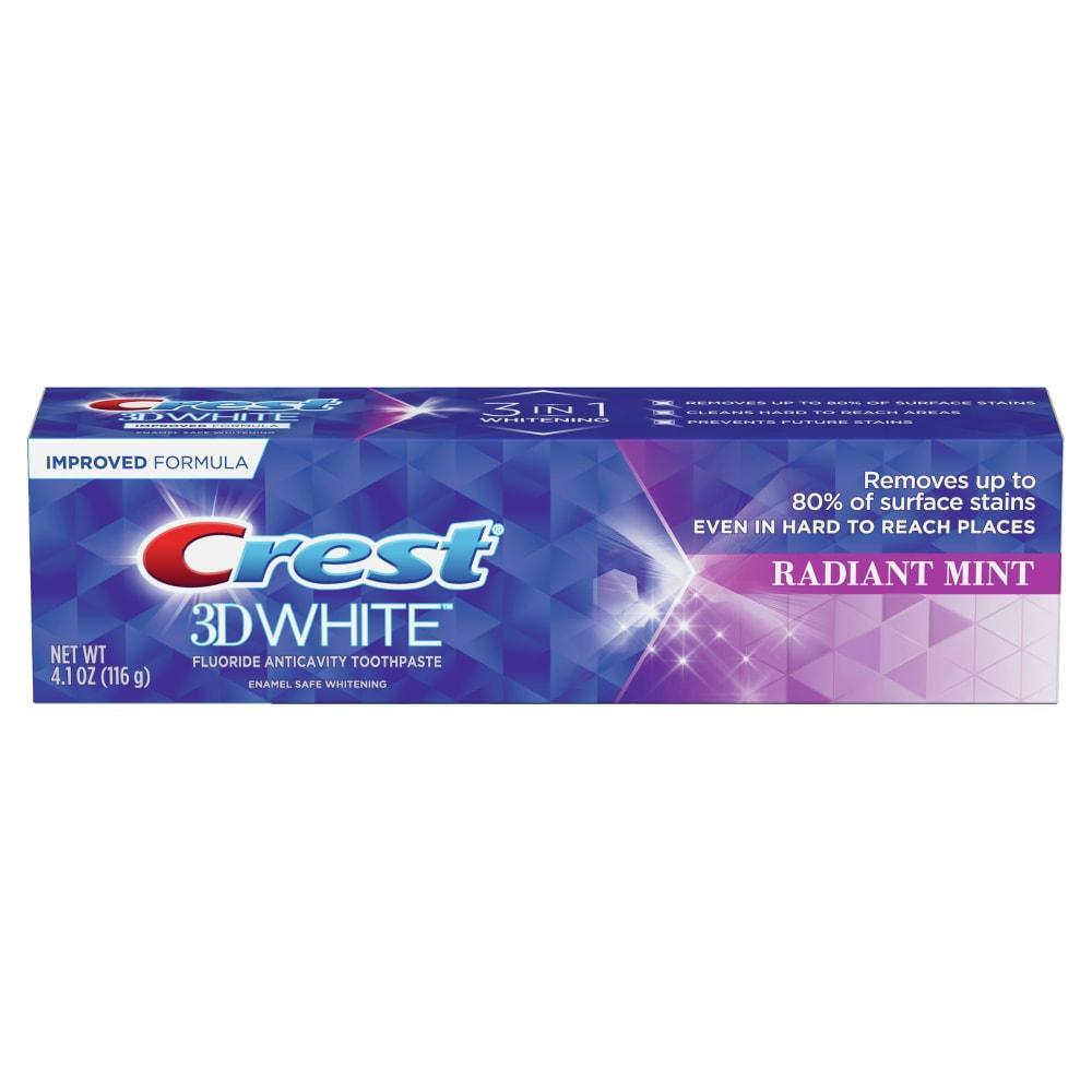 Crest 3D White Toothpaste with fluoride for anticavity protection and radiant mint flavor, in a tube displayed on a white background.