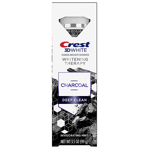 Crest 3D White Whitening Therapy Charcoal Deep Clean Fluoride Toothpaste in invigorating mint flavor, 3.5oz tube.