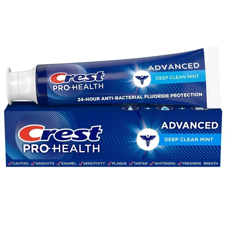Crest Advanced Fluoride Deep Clean Mint Toothpaste in 3.5-ounce tube, designed for thorough cleaning and fresh breath.