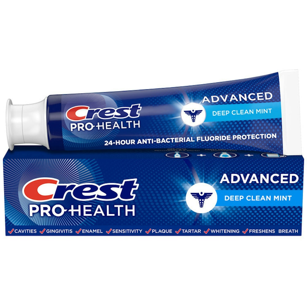 Crest Advanced Fluoride Deep Clean Mint Toothpaste in 5.1 oz tube, designed for fresh breath and cavity protection.