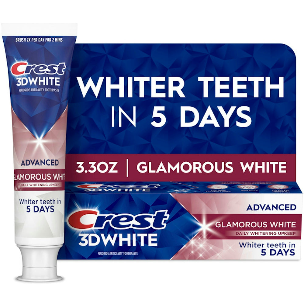 Crest Advanced Glamorous White fluoride anticavity toothpaste in a 3.3 oz tube, designed for brightening and cavity protection.
