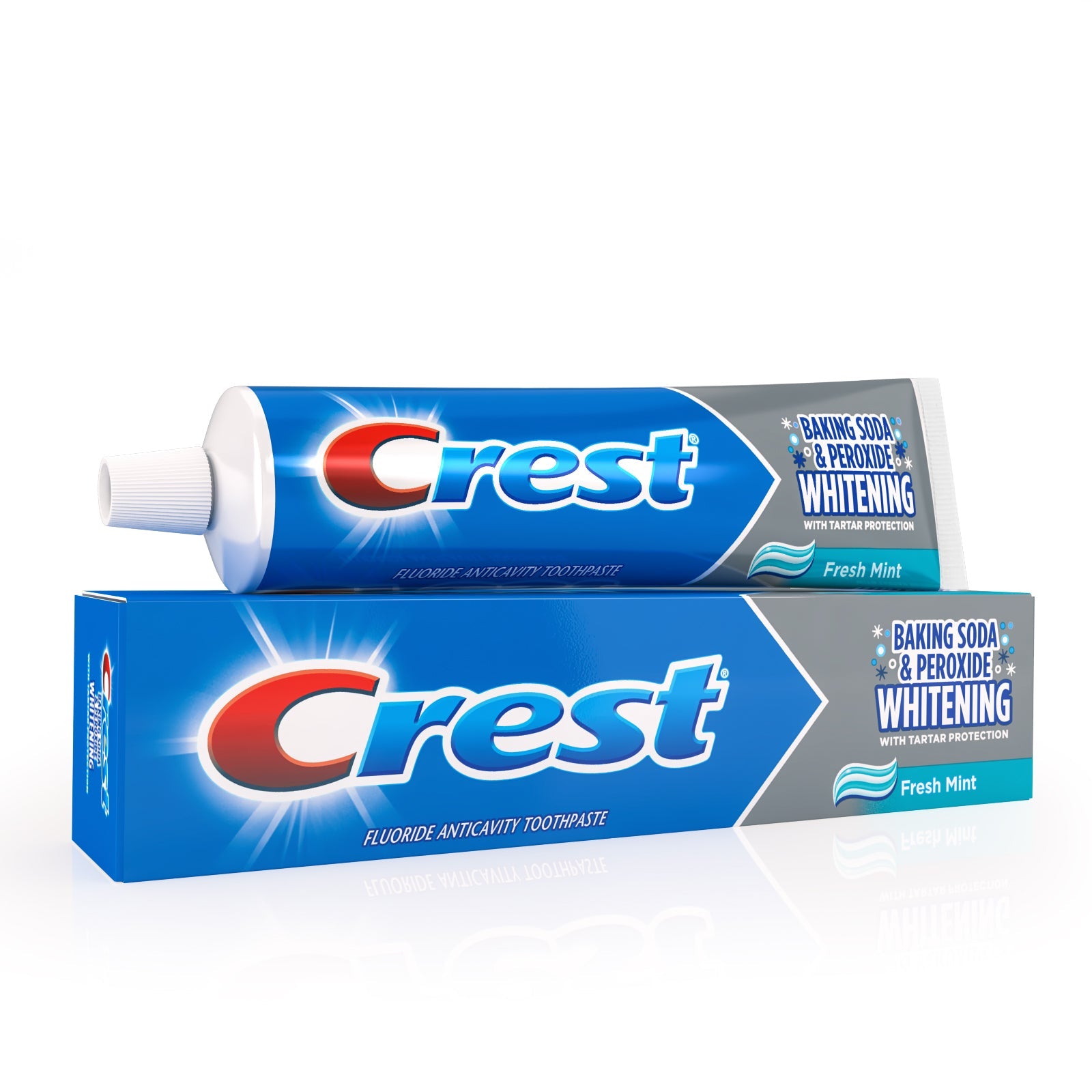 Crest Baking Soda & Peroxide Whitening Toothpaste with Tartar Protection in Fresh Mint flavor, featuring a white tube with blue and green accents.