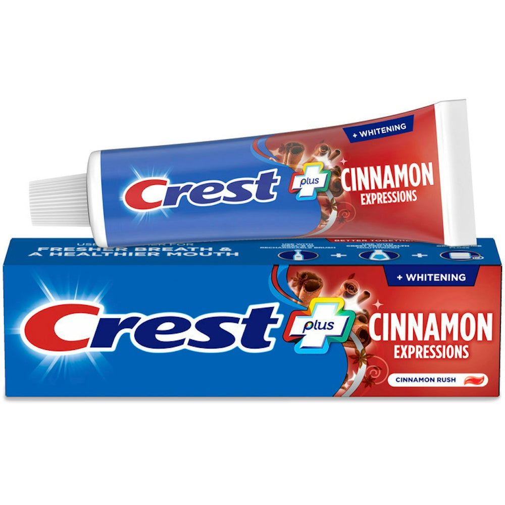 Crest Complete Plus Cinnamon Expressions toothpaste in 5.4 oz tube, shown with fresh cinnamon flavor and whitening formula.